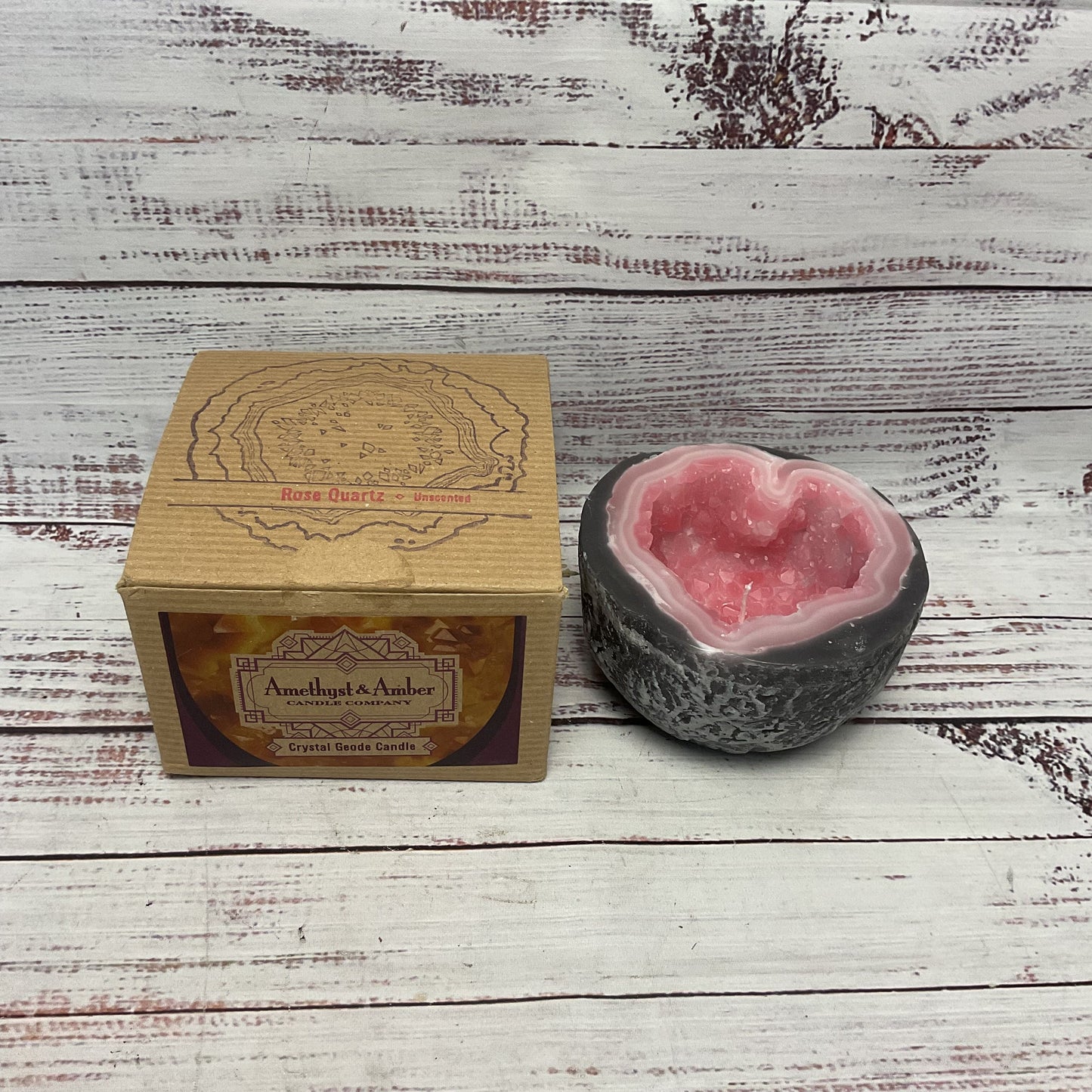 Amethyst & Amber Rose Quartz Heart Shaped Crystal Geode Unscented Candle New