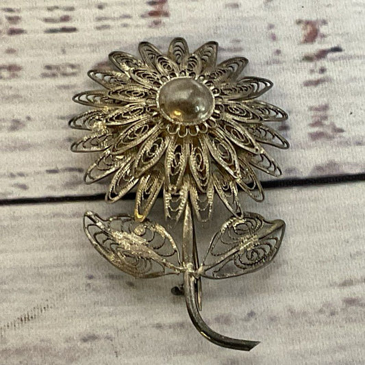 Sterling Silver Filigree Flower 2.25" Brooch- 6.46g