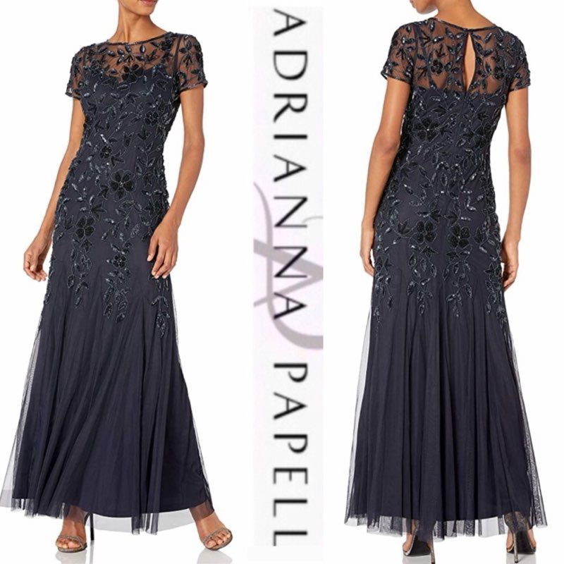 NWT Papell Studio Royal Blue Bead Mesh Godet Long Dress Size 10 Retail $179