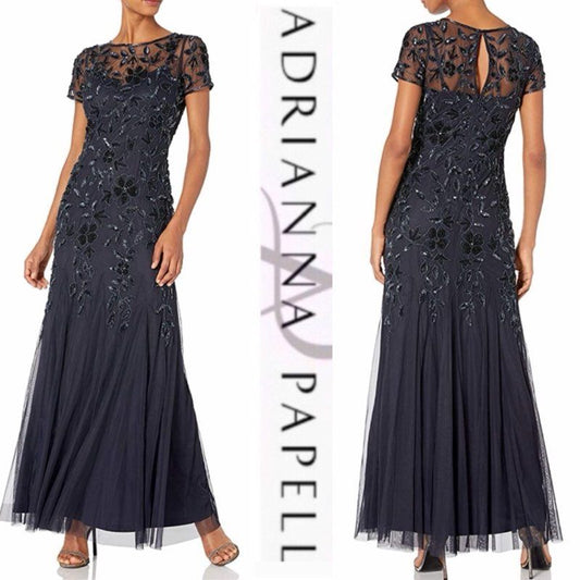 NWT Papell Studio Royal Blue Bead Mesh Godet Long Dress Size 10 Retail $179