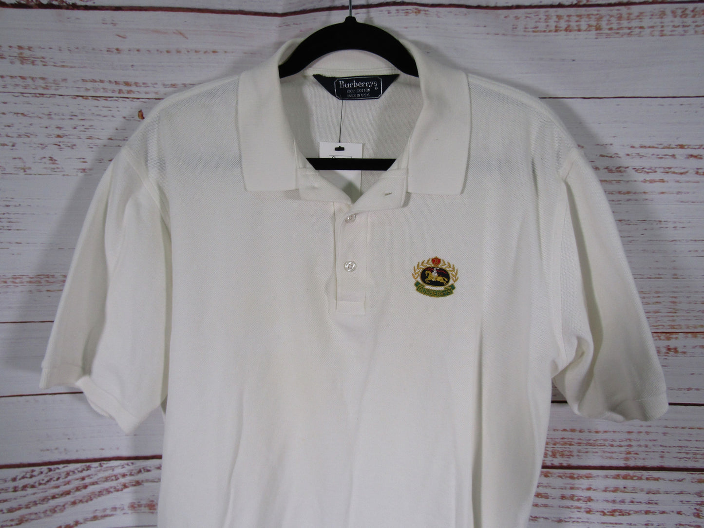 Vintage Burberrys Men's White Cotton Embroidered Polo Shirt Size L
