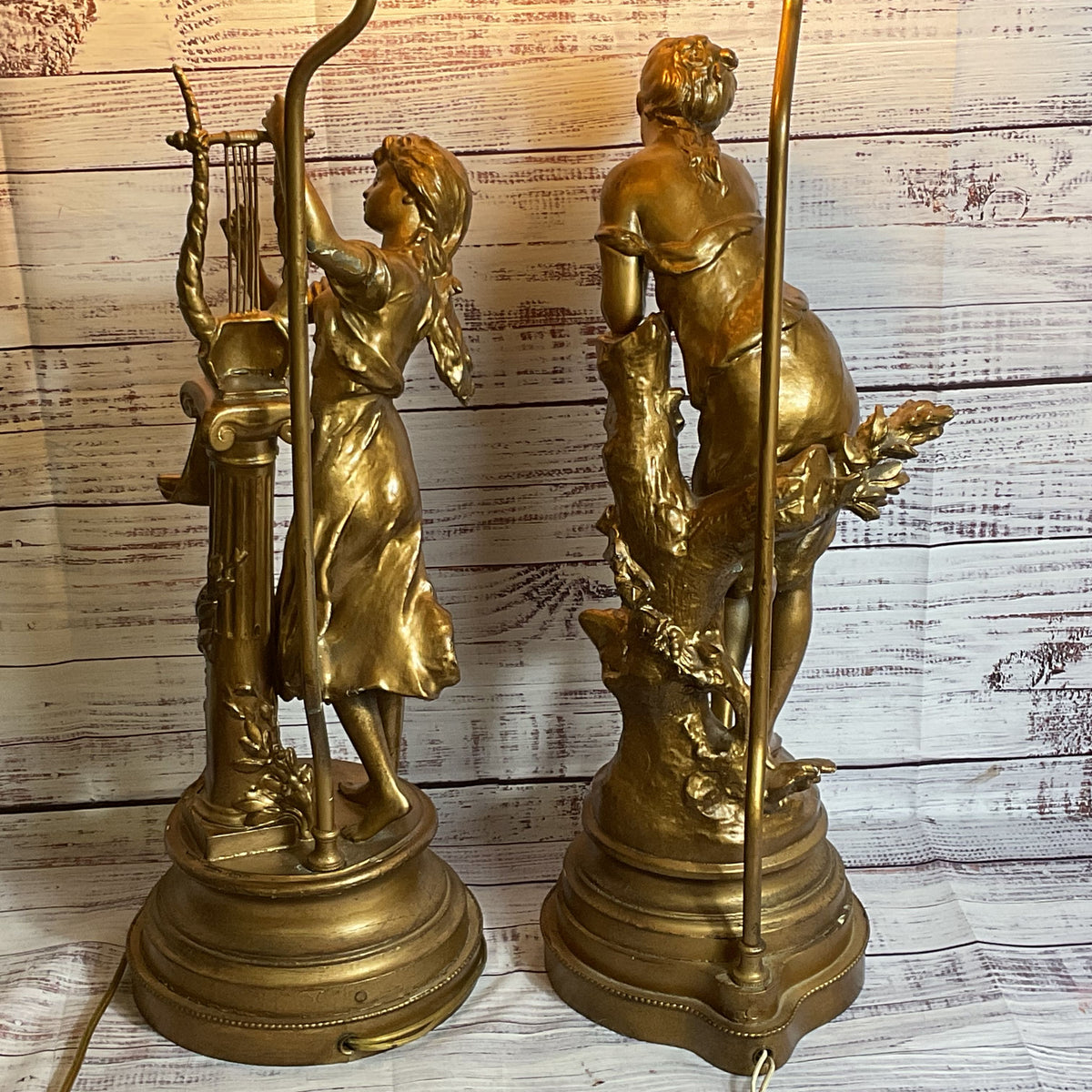Set of 2 ANTIQUE MATHURINE MOREAU Maiden's with Harp and Flowers Lamps- 35"