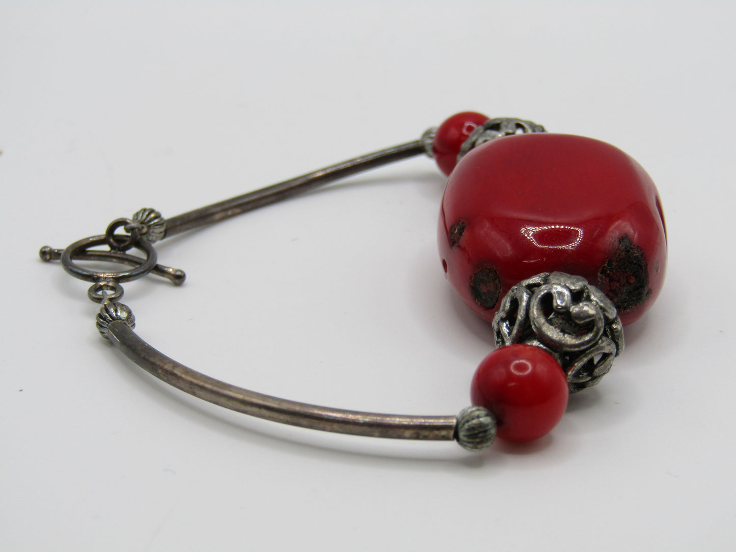 6" Red Coral Sterling Silver Clasp Toggle Bracelet