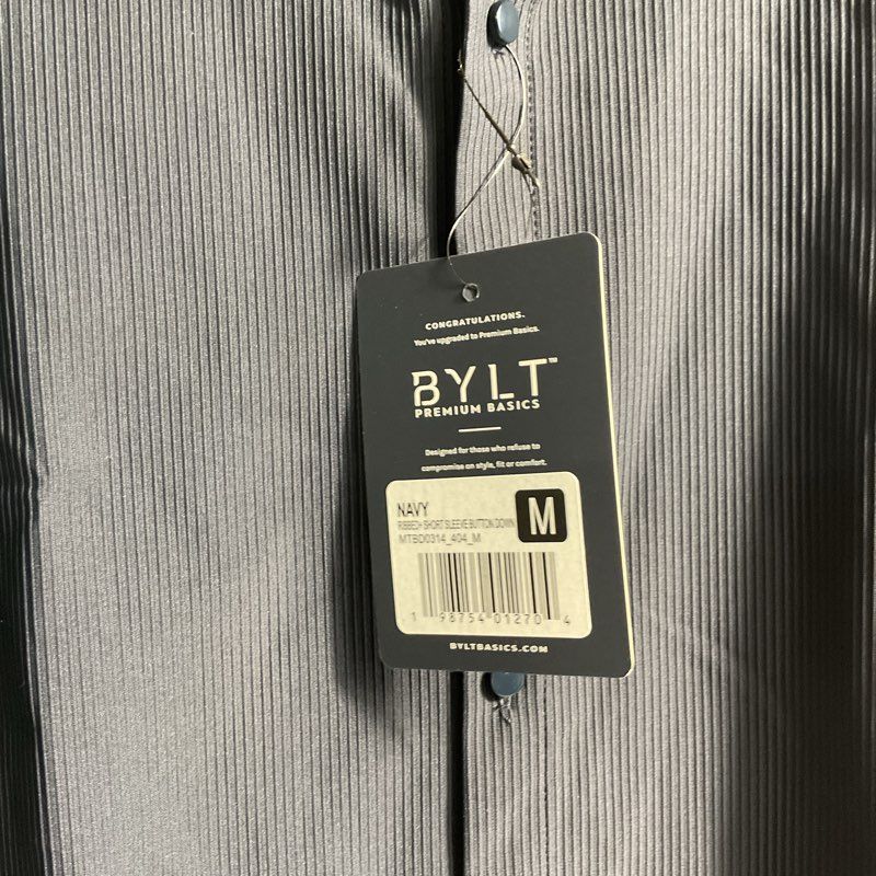 NWT Bylt Navy Blue Ribbed Short Sleeve Button Up Shirt - Size Medium