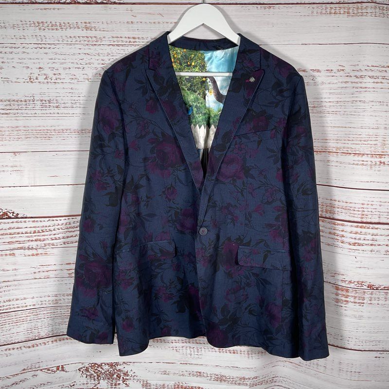Ted Baker Blue & Purple Floral Print Peak Label 1-Button Blazer Jacket - Size 5