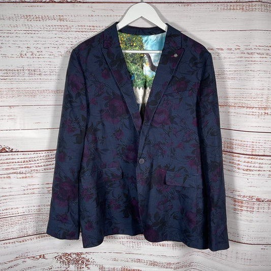 Ted Baker Blue & Purple Floral Print Peak Label 1-Button Blazer Jacket - Size 5