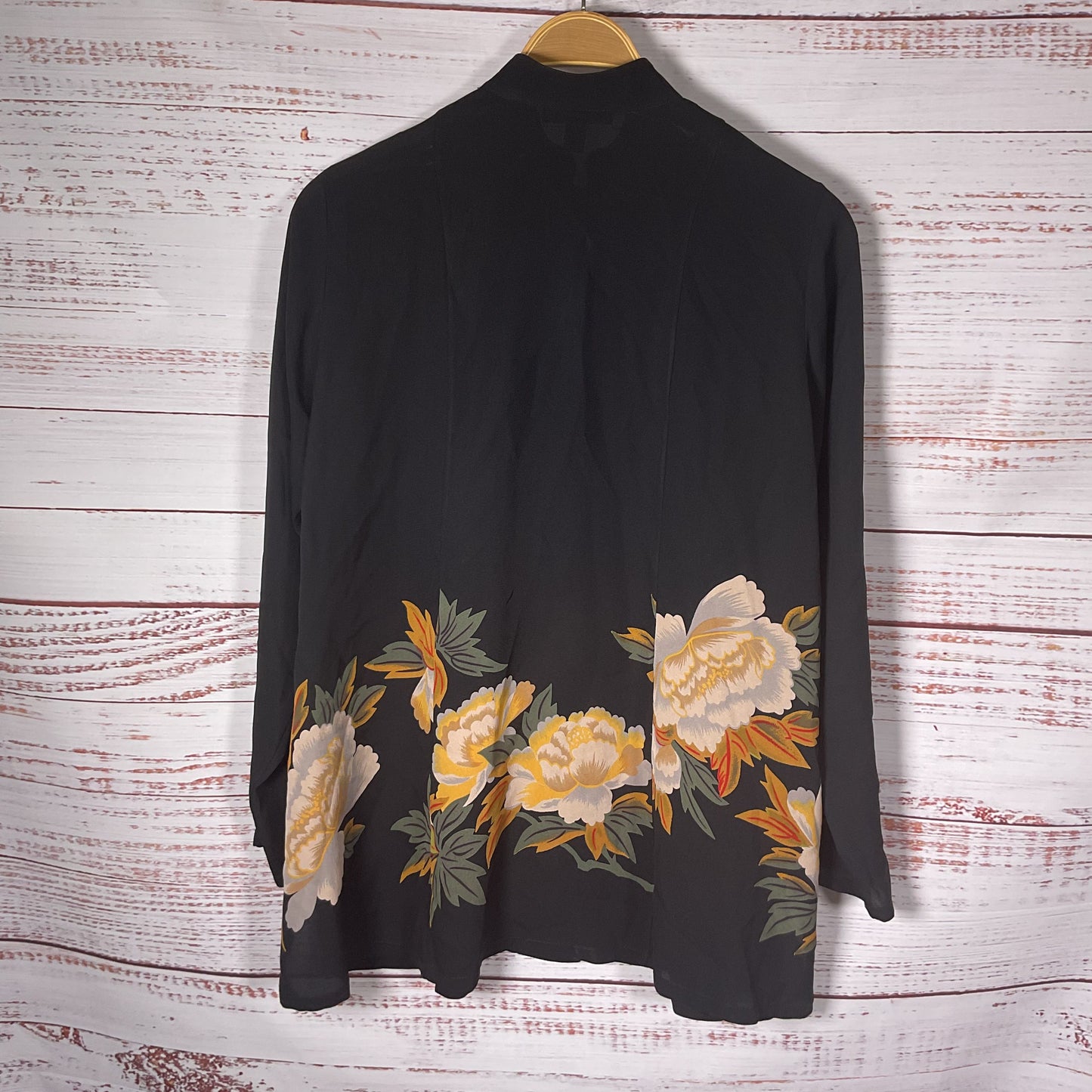 Harari Mandarin Collar Black Floral Print Long Sleeve Top - Size S