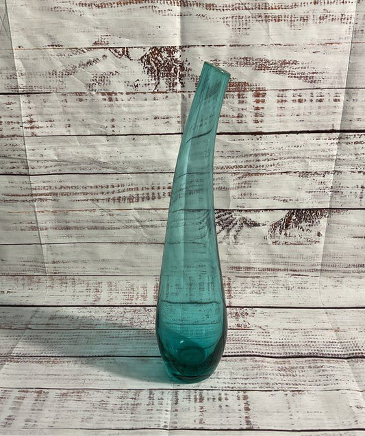Contemporary Hand Blown Bent Neck Pontil Blue Art Glass Vase MCM Style 13” Tall