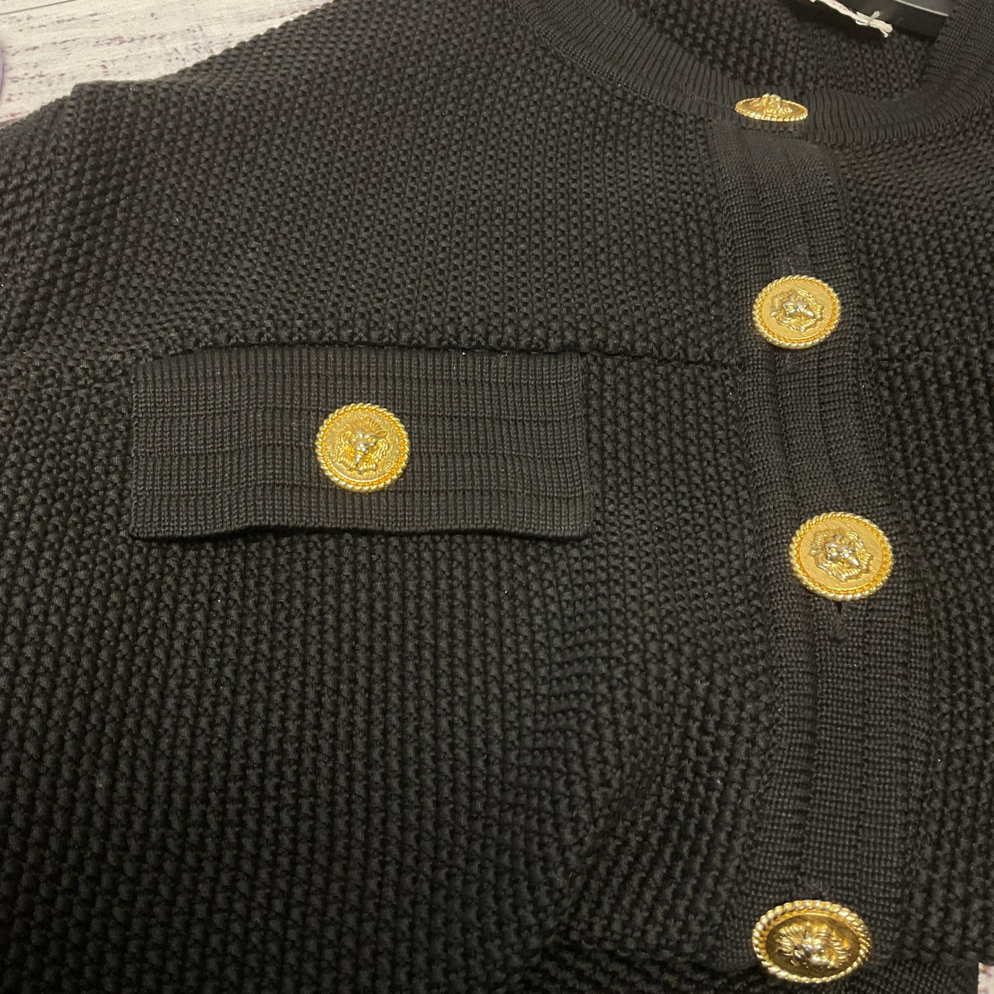 Worldly Things By Styltricot Black Knit Gold Tone Button Sweater Cardigan Size S