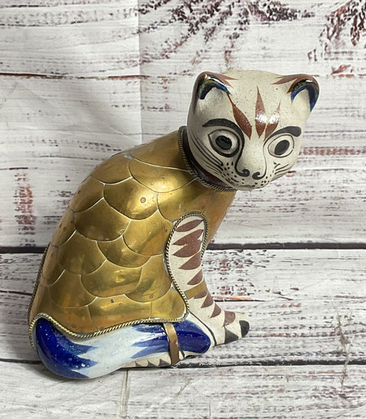Vintage Tonala Mexican Ceramic Brass Sitting Cat Multicolor