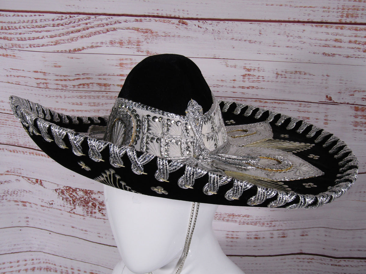 Ju-La Men's Black & Silver Ornate Charro Sombrero Hat Size S