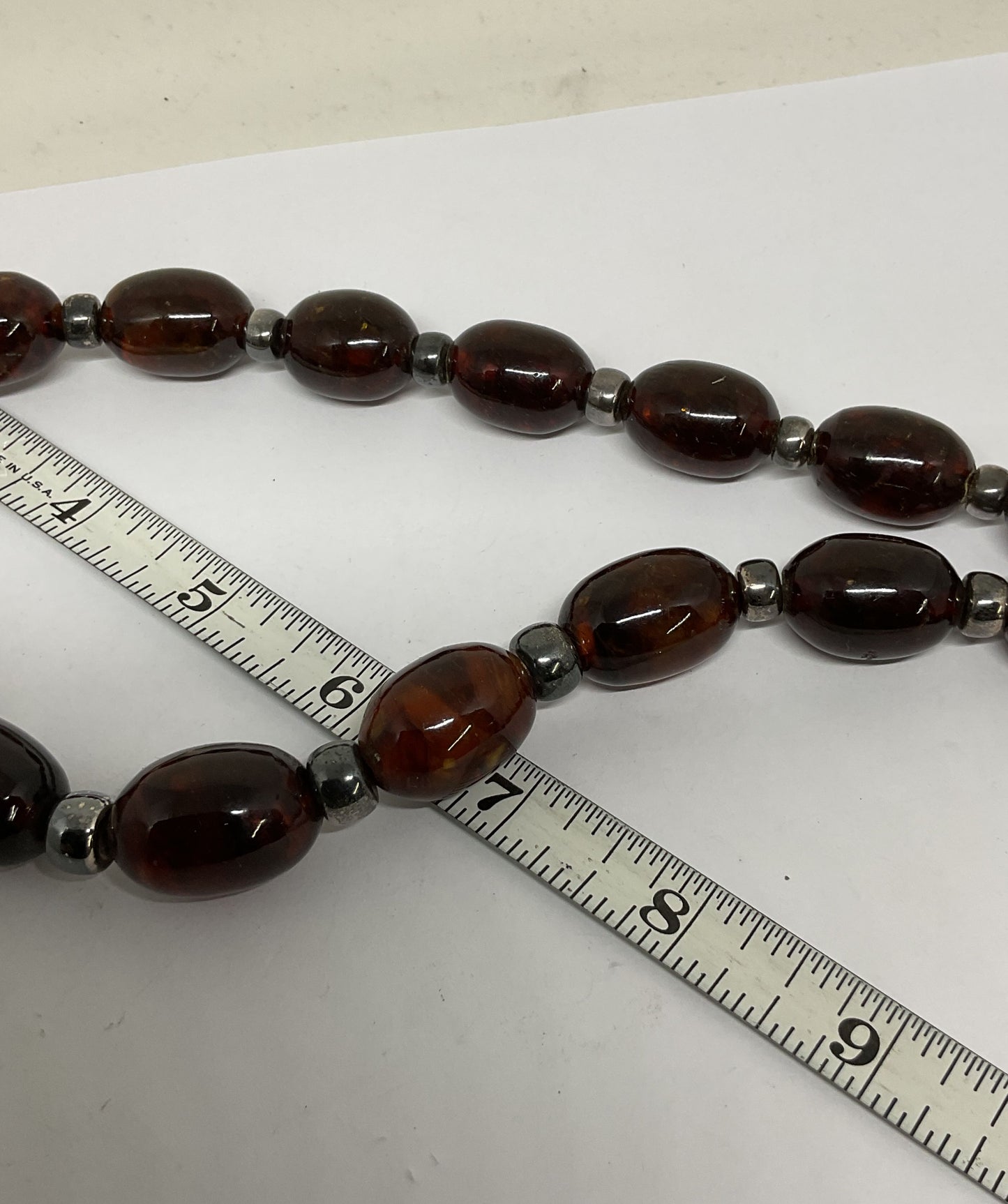 Amber & Silver Beads Vintage Necklace 27"