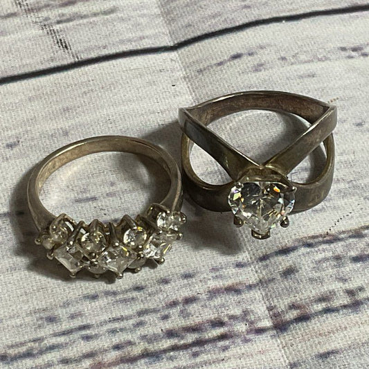 Set of 2 Sterling Silver & Rhinestone SZ 6.75 Rings- 7.97g