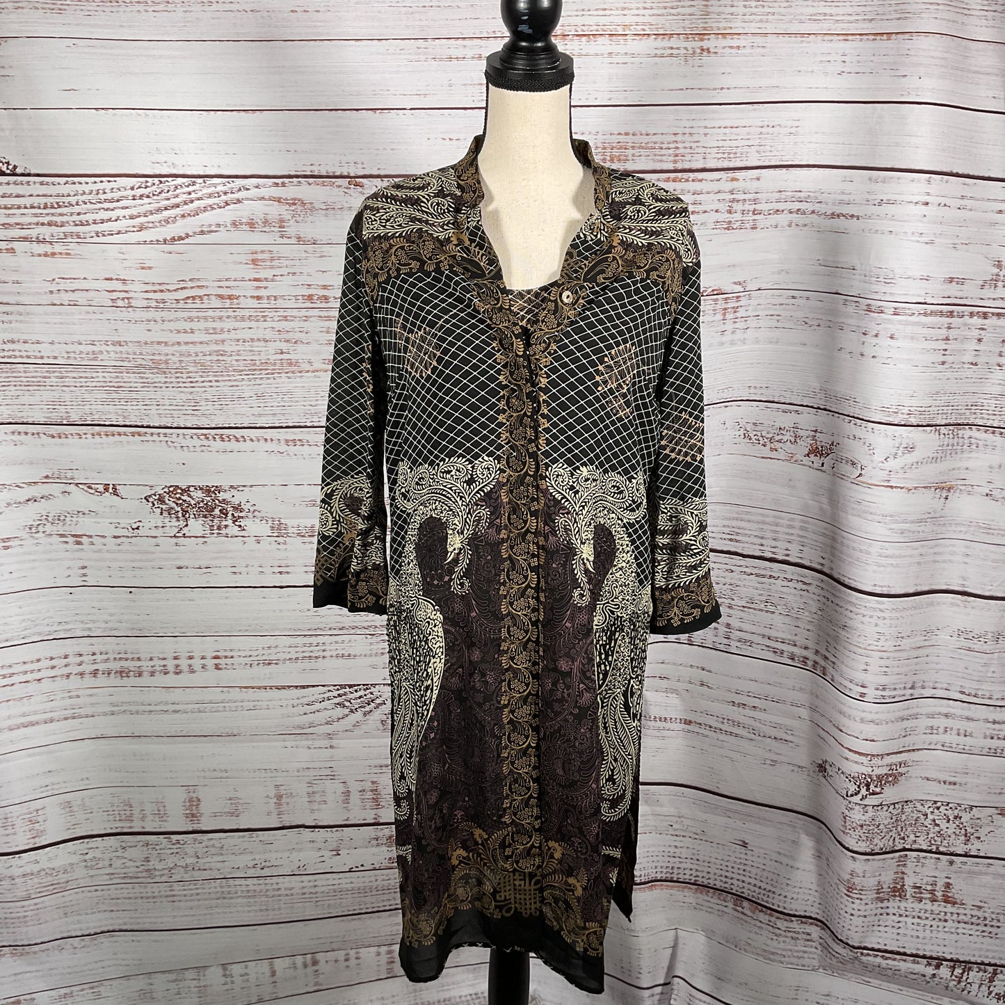 Citron Black Grid Print Silk Shirt Button Up Dress And Tank Top Set - Size XS