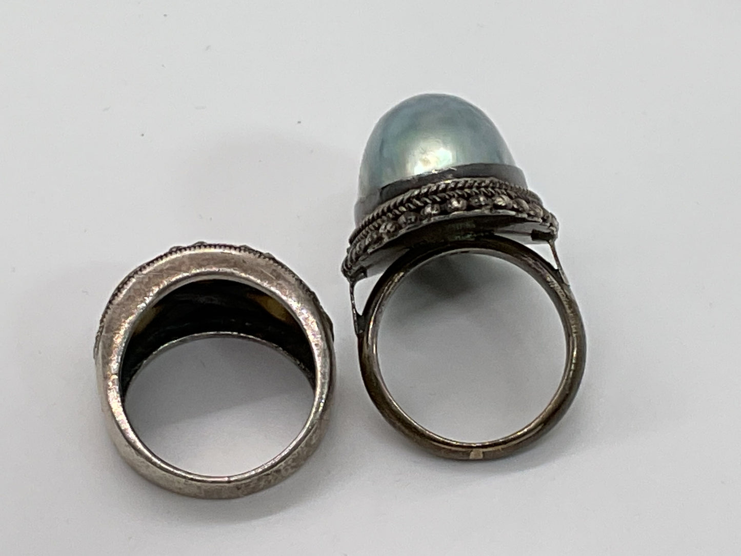 Set of 2 Sterling Silver Faux Pearl Abalone Marcasite SZ 8 Rings- 21.64g