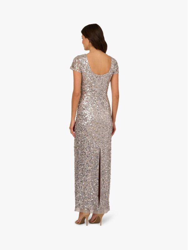 NWT Adrianna Papell Beaded Mesh Long Dress in Silver Size 2 Retail $329