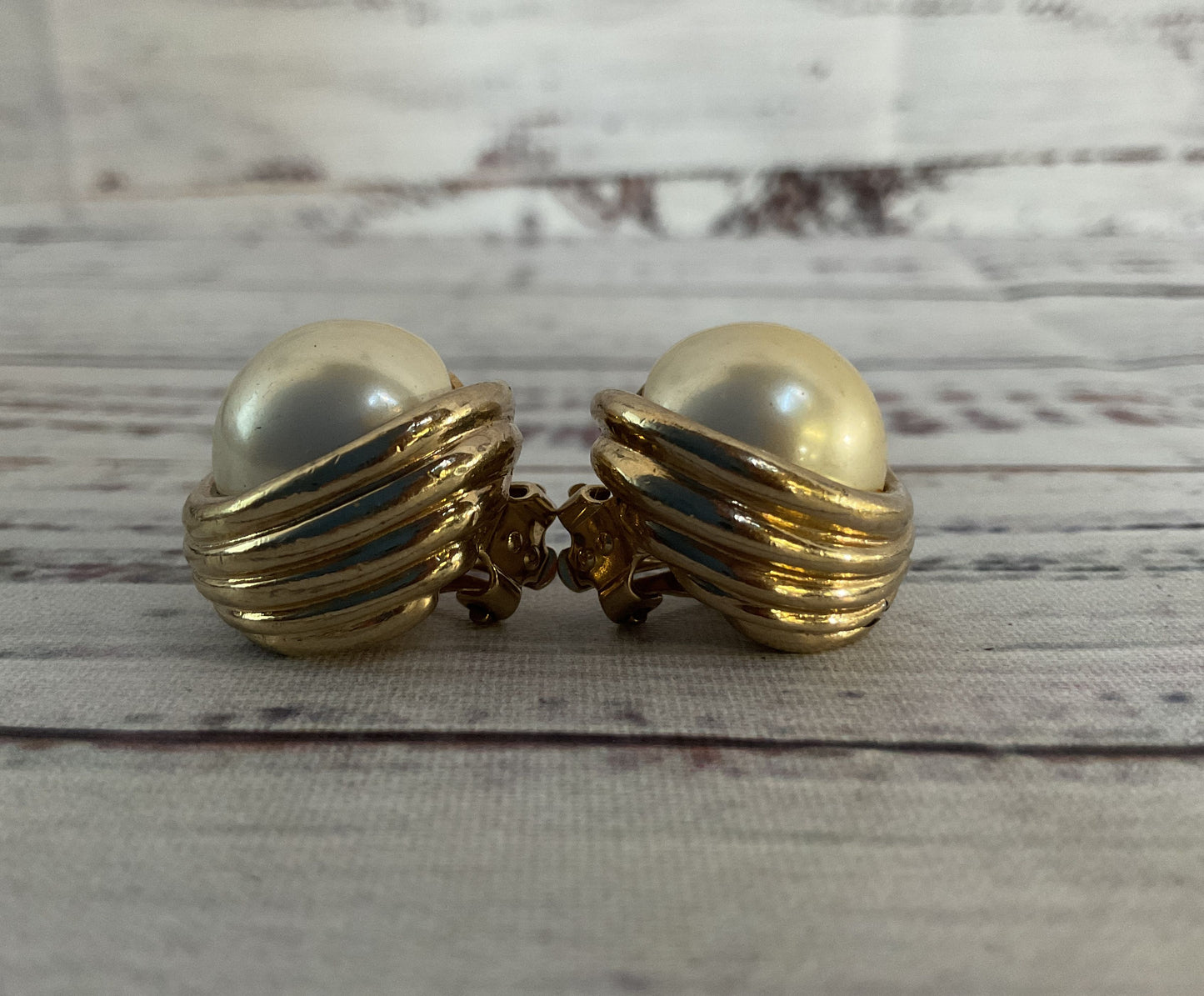 Vintage Panetta Gold Plated Faux Pearl Clip-On Earrings