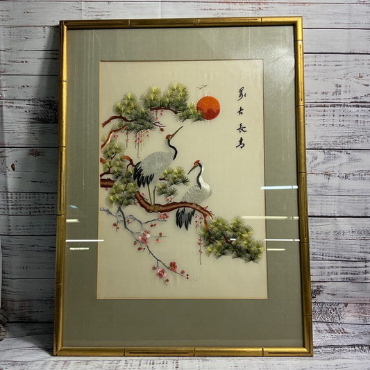 Chinese Embroidered Silk Cranes Textile Art, Framed