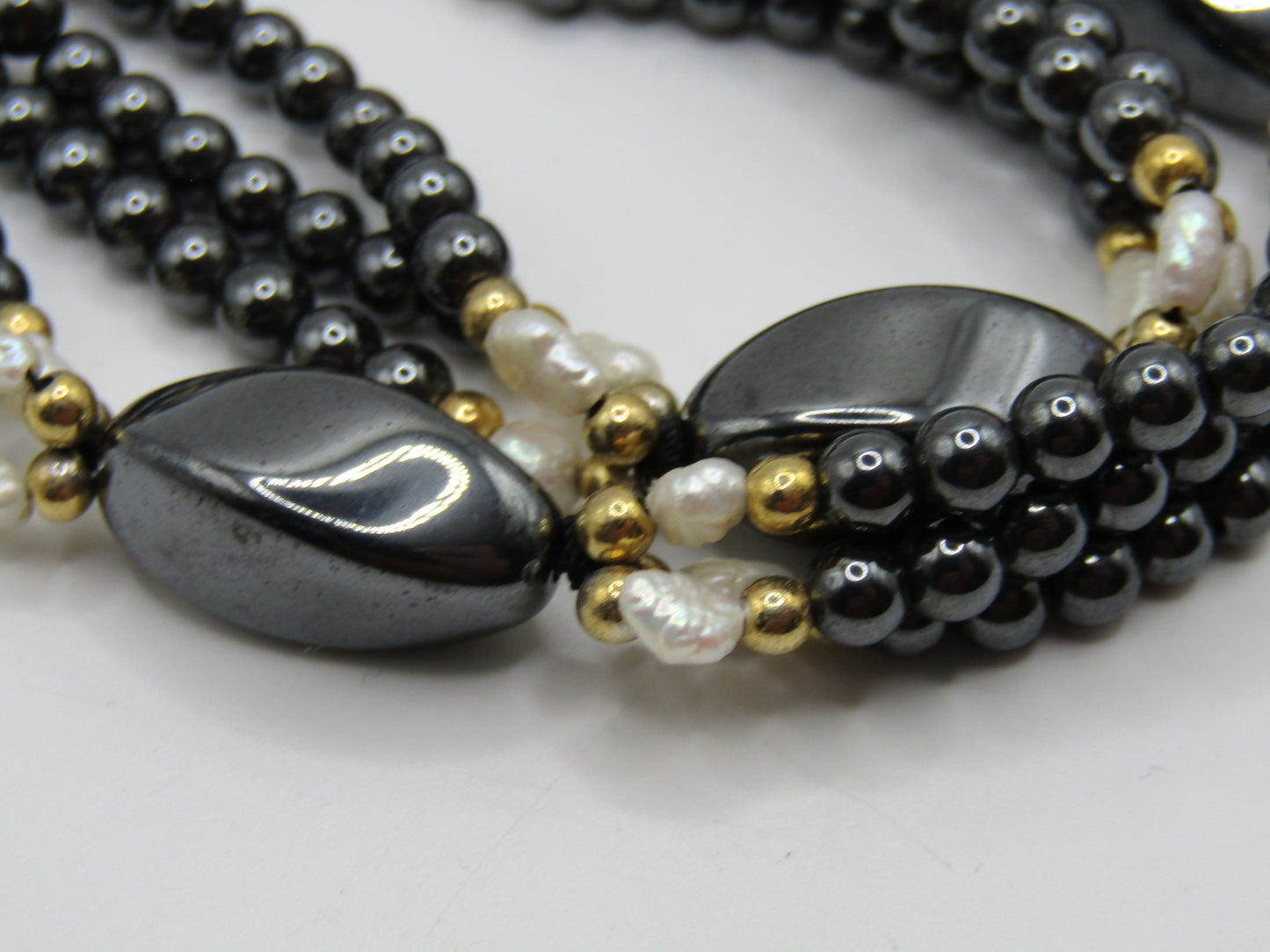 Beaded Hematite Rice Pearl Necklace
