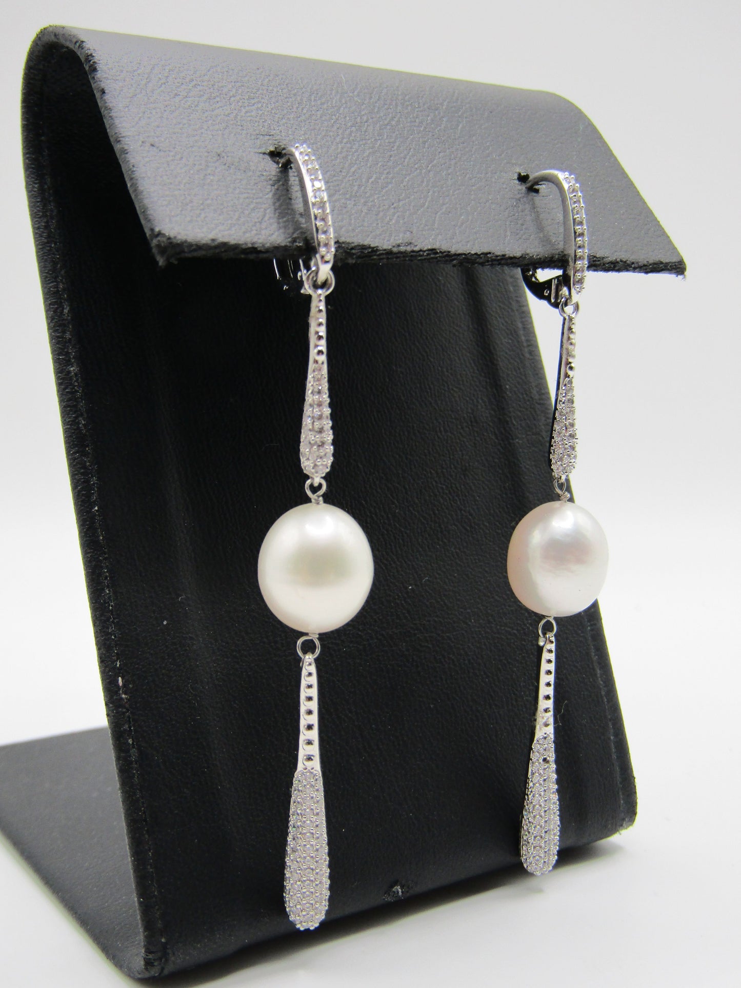 Rhodium Plated CZ Pave Freshwater Pearl Drop Dangle Earrings