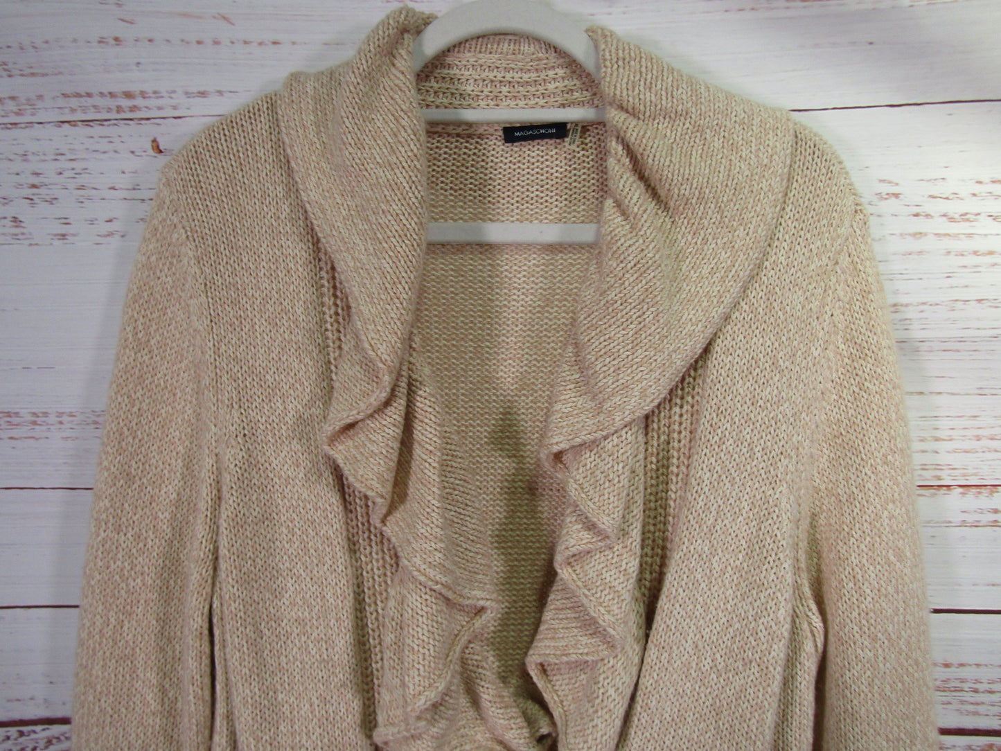 Magashoni Women's Beige Knit Ruffle Silk Cashmere Blend Cardigan Sweater Size XL