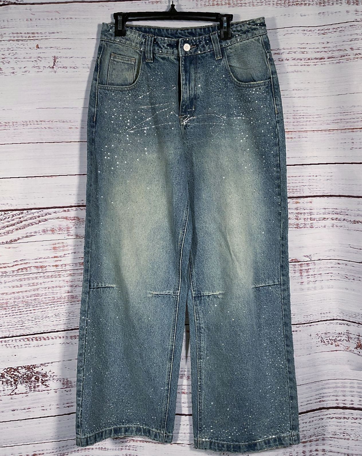 MEDM Mr Enjoy Da Money Denim Rhinestone Embellished Jeans Blue XL