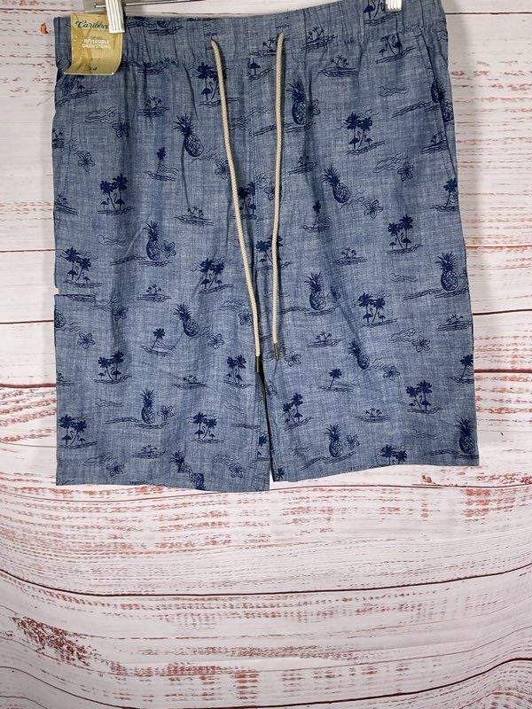 Caribbean Roundtree & Yorke Men's Reversible Drawstring Tropical Pattern Blue 34