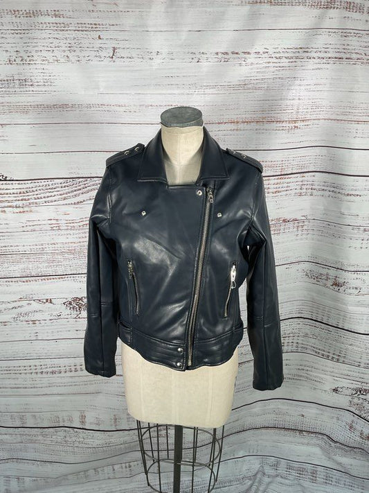 Women's Blank NYC Metallic Blue Biker Jacket Polyester - Size L