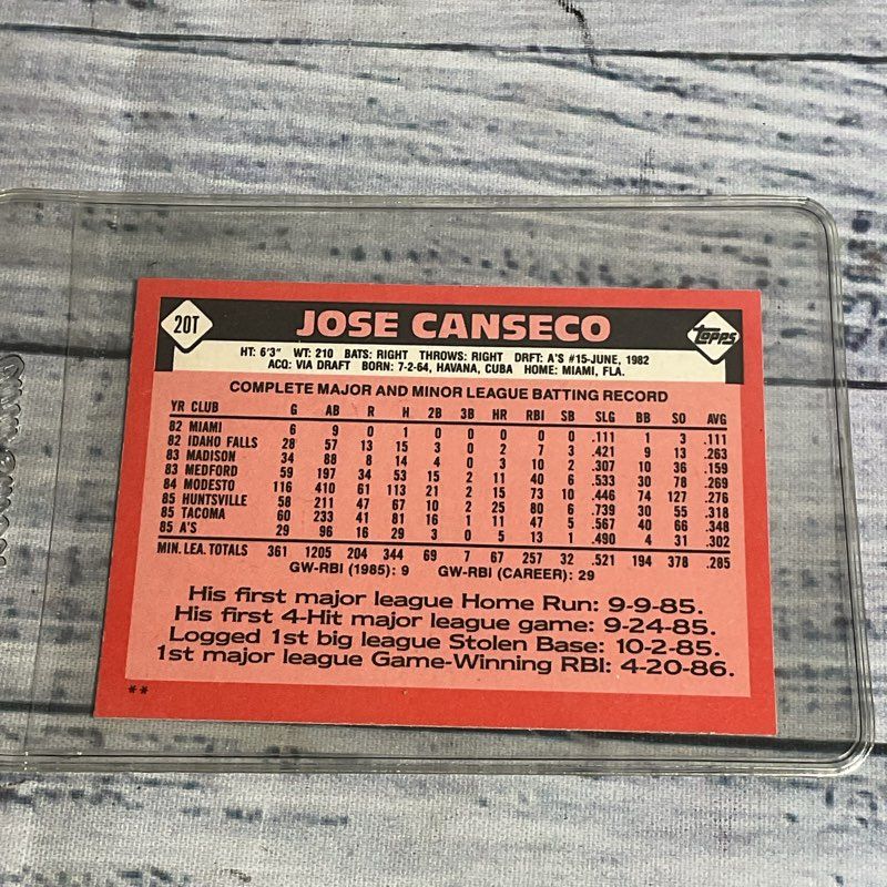 Vtg. Topps 1986 Jose Canseco #20t Ungraded Baseball Card Great Condition