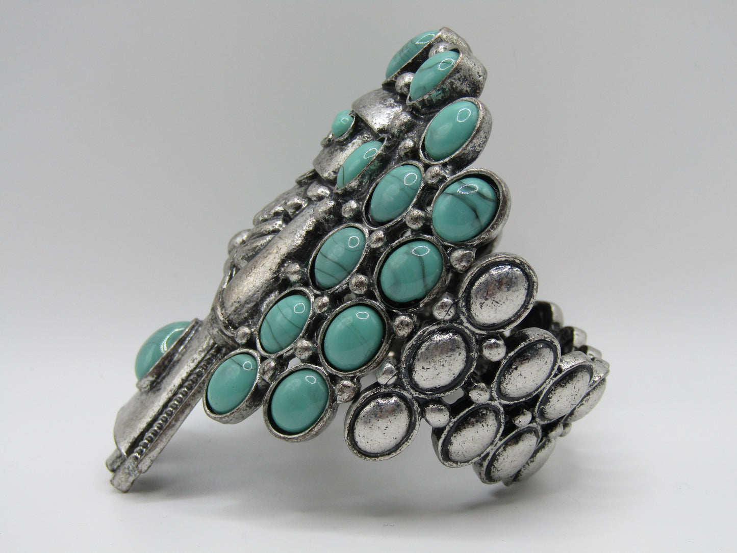 Crown Nine Southwestern Kachina Deity Faux Turquoise Hinged Bangle Bracelet