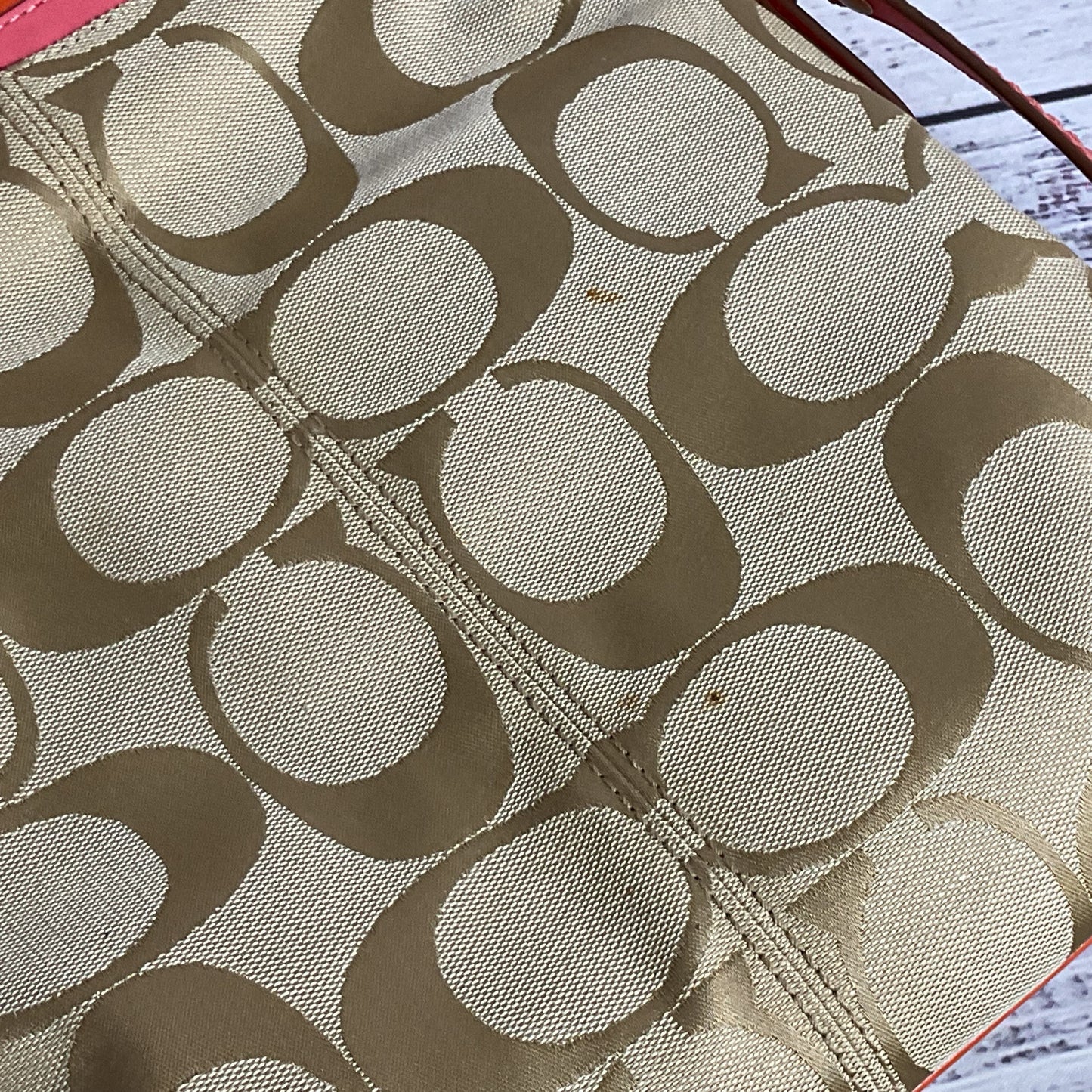 COACH Bonnie Signature Tan Pink/Coral Colorblock Trim Canvas Crossbody/Hand Bag