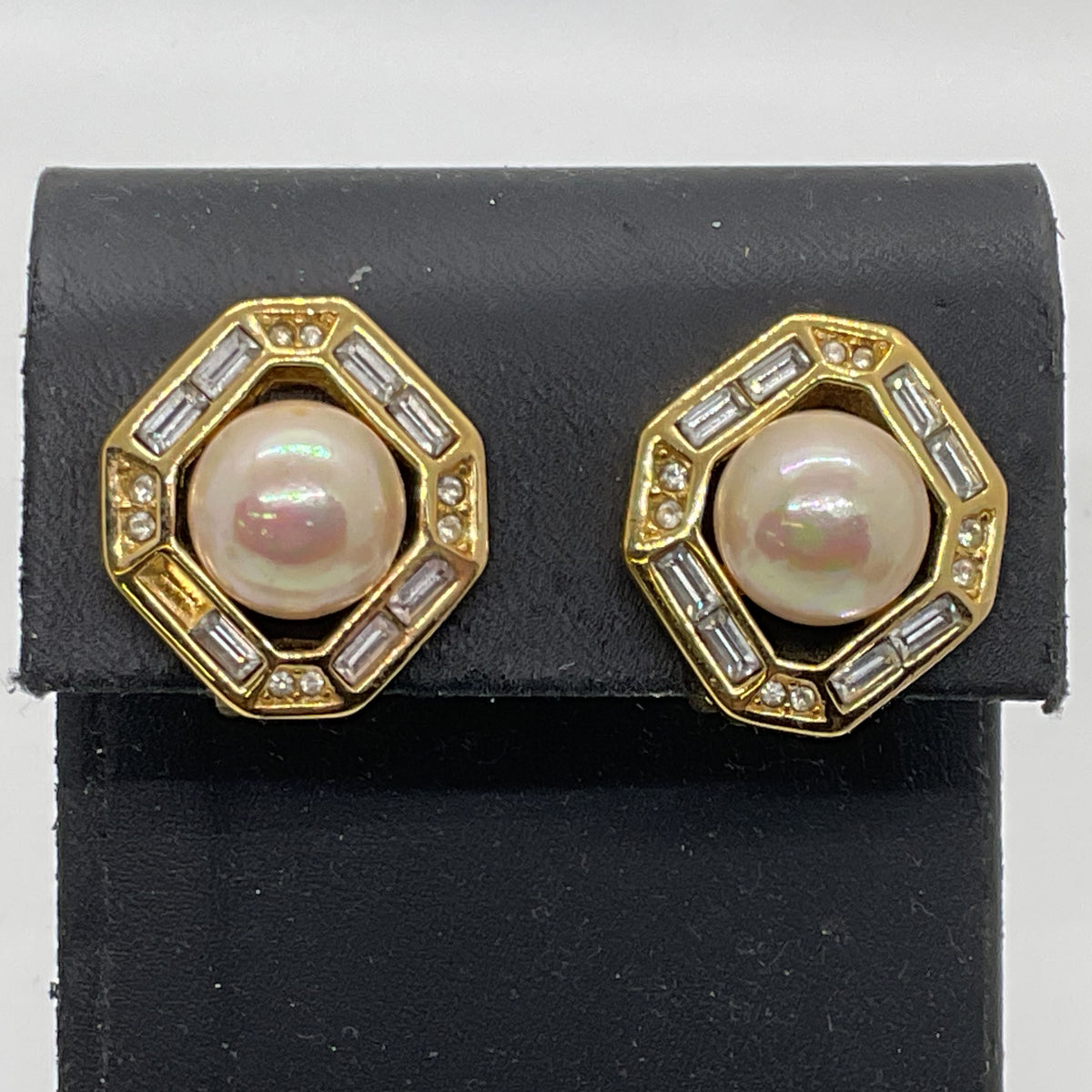 CHRISTIAN DIOR Gold Tone Faux Pearl Rhinestone 20mm Earrings- MISSING 1 STONE