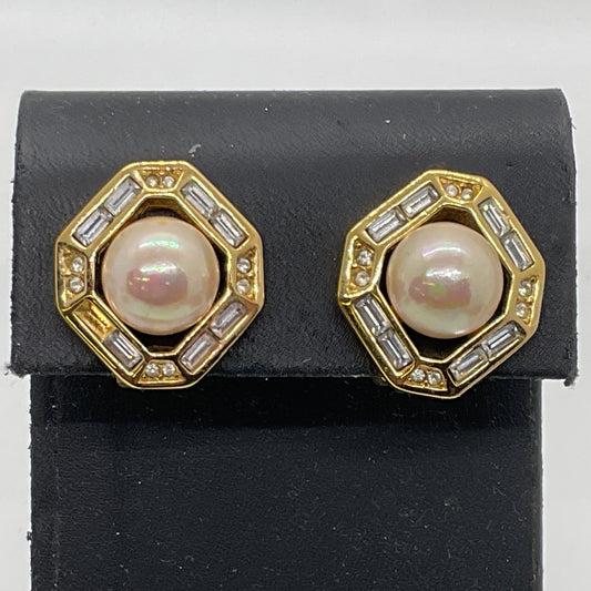 CHRISTIAN DIOR Gold Tone Faux Pearl Rhinestone 20mm Earrings- MISSING 1 STONE