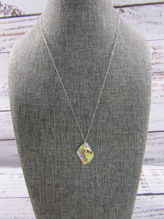 Sterling Silver Rolo Chain Aurora Borealis Crystal Pendant Necklace