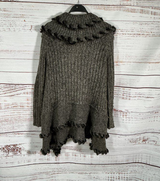 Women's Lapis Gray Ruffled Cardigan Sweater with faux fur trim Size M