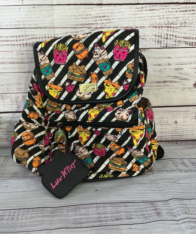 Women's Betsey Johnson Fast Food & Cat Print Quilted Backpack SO CUTE!!