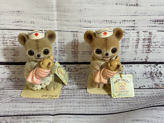 VTG. GEORGE GOOD Fuzzy Wazzy Flocked Nurse Teddy Bears- SET OF 2