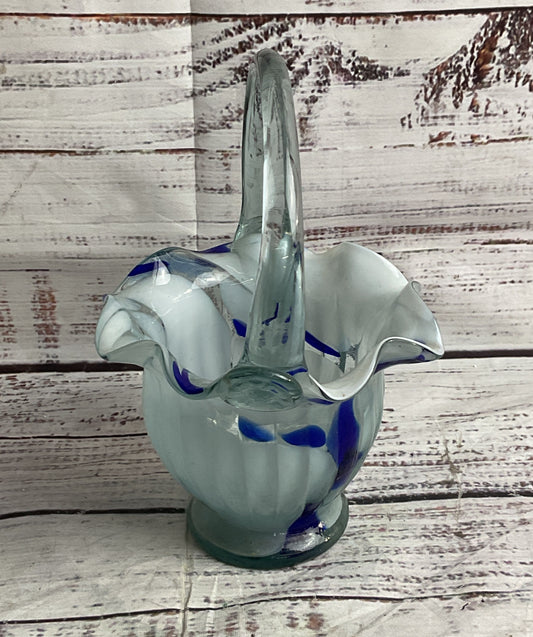 Vintage Glass Basket Style Candy Dish Blue Multicolor