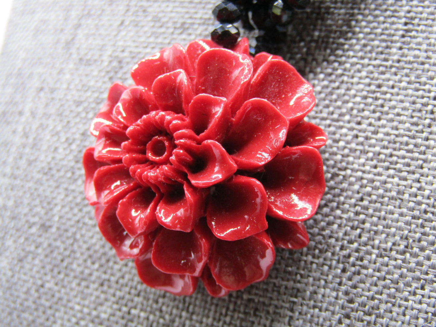 Handcrafted Multi-Strand Faceted Black Rhinestone Floral Carved Resin Necklace