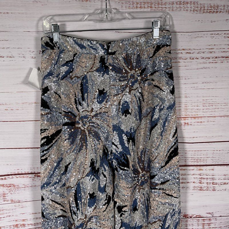 NWT Badgley Mischka Silver & Blue Floral Sequined Wide Leg Pants - Size M