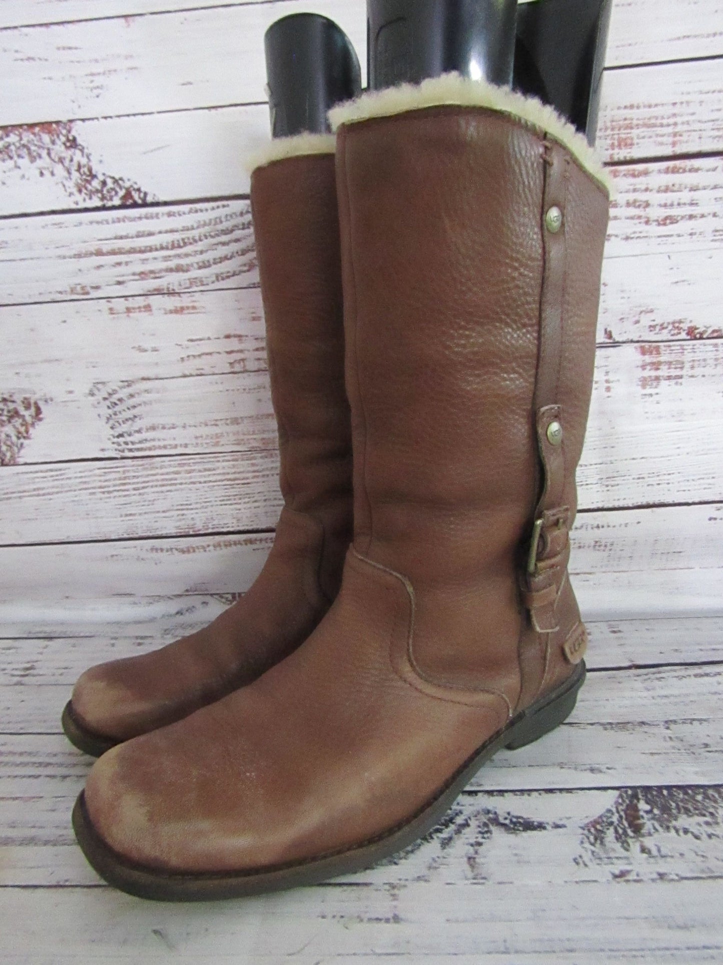 UGG Bellevue Women's Brown Leather Mid-Calf Shearling Boots Size 7