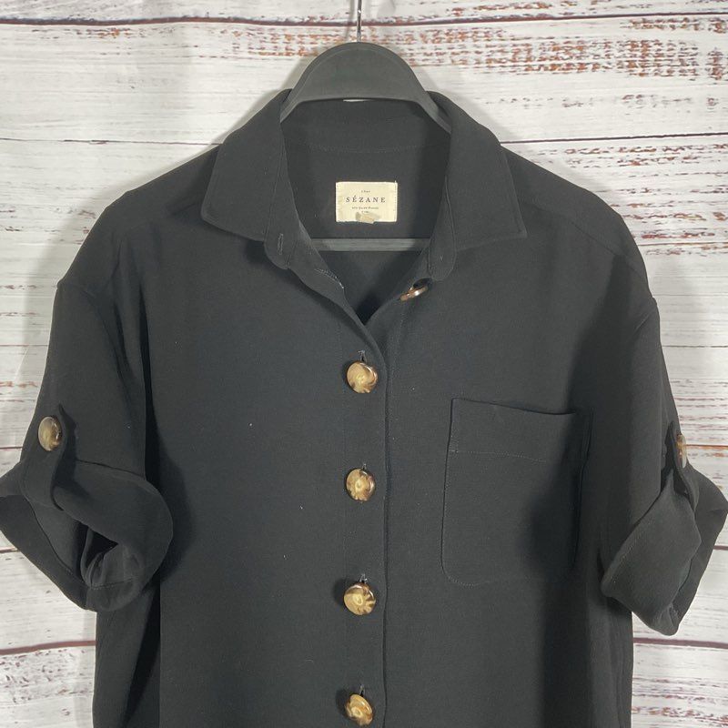 Sezane Black Short Sleeve Sadie Button Up Dress - Size S