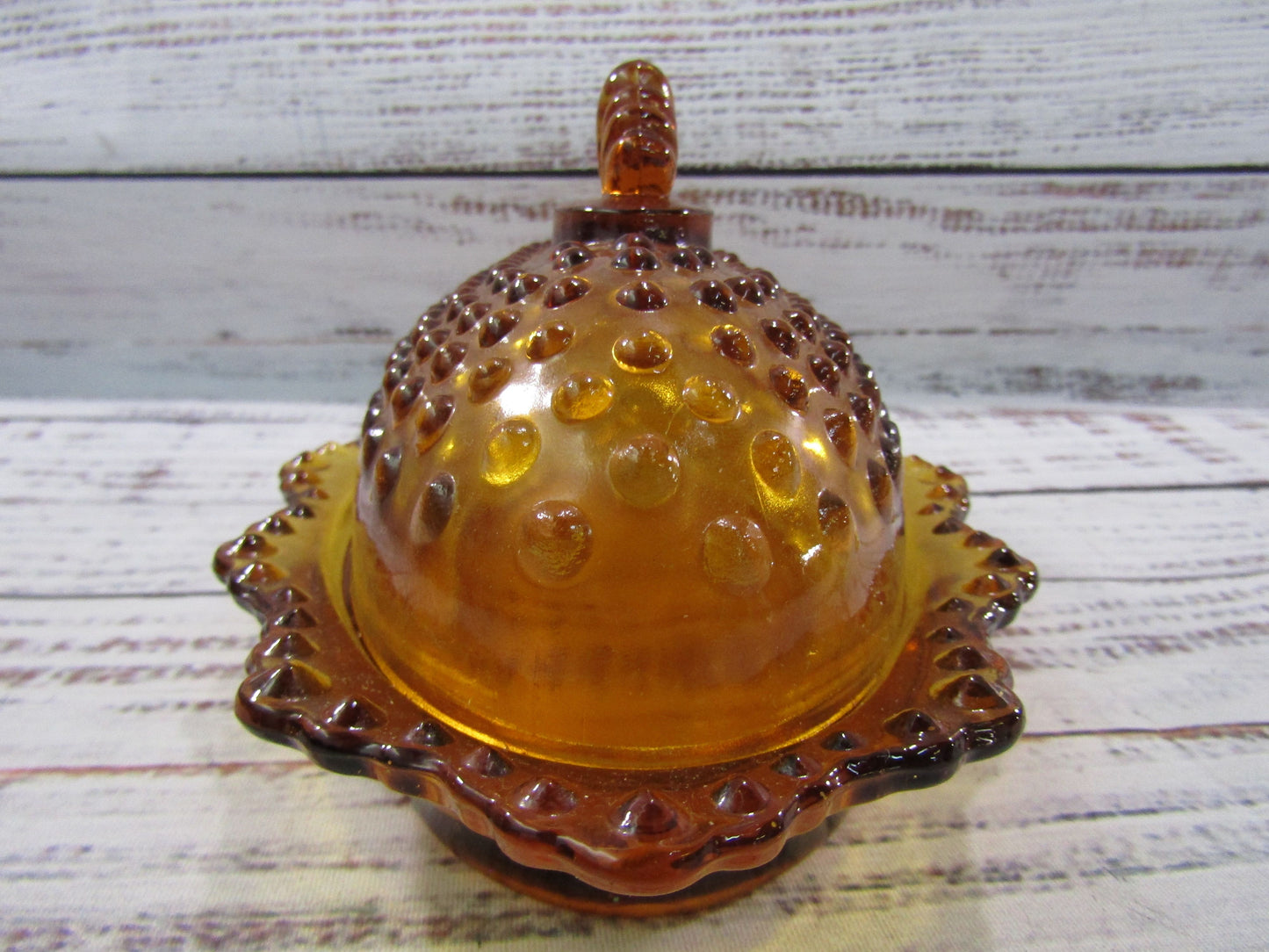 Vintage L.E. Smith Hobnail Amber Glass Covered Butter Tray Shaker