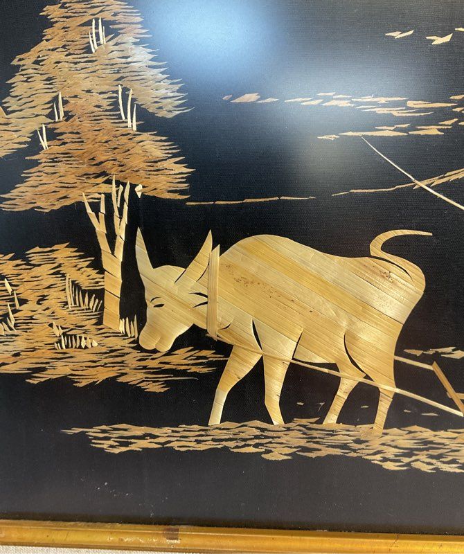 Vintage Straw Bamboo Farmer & Buffalo In Rice Fields Artwork Jakarta Indonesia