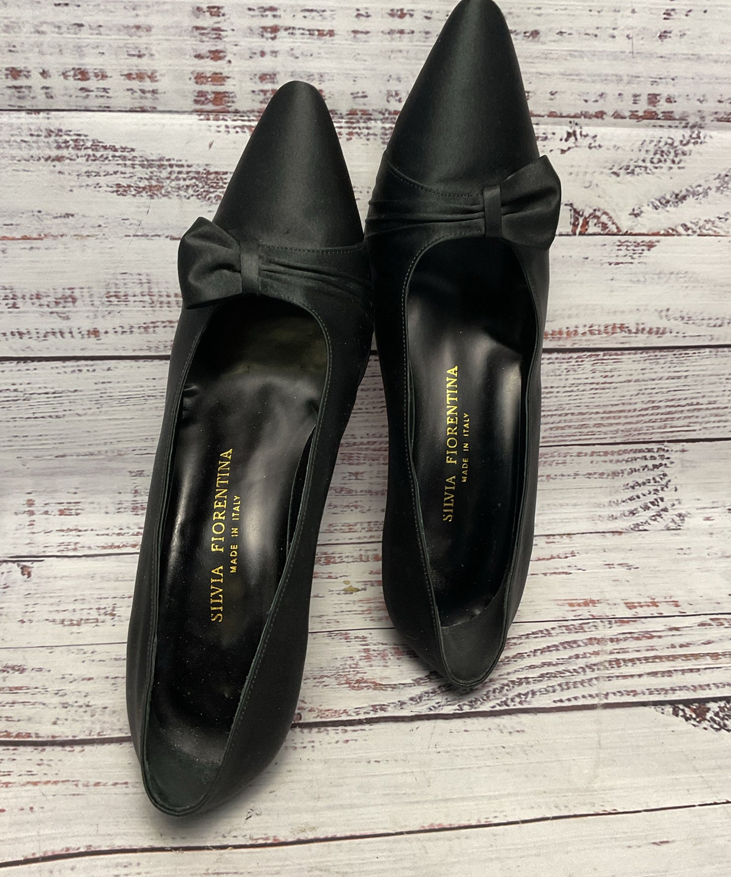 Silvia Fiorentina Black Satin Kitten Heel Bow Women Size 8.5