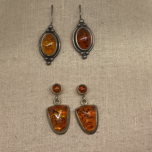 2 Pairs of Sterling Silver & Amber Dangle Earrings- 8.76g