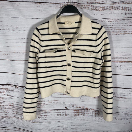 La Maille Sezane Betty White Merino Wool w/ Black Stripes Twee Cardigan Size XS