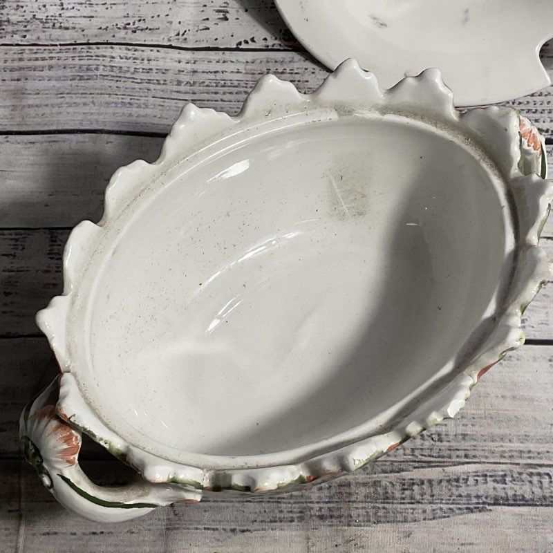 Vintage Hand Painted Floral Scalloped Rim Lidded Soup Tureen Made In Italy