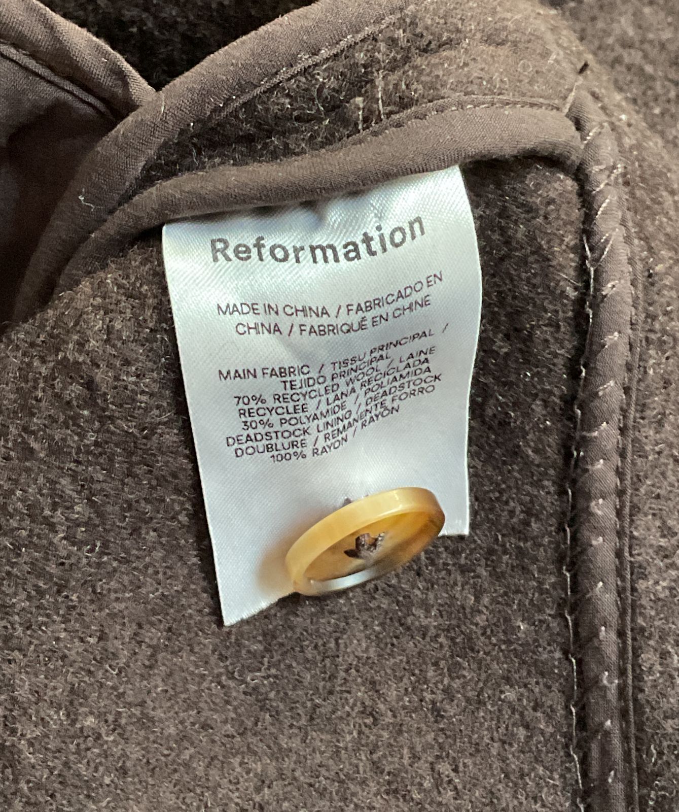 Reformation Camden Recycled Wool Blend Jacket Brown S