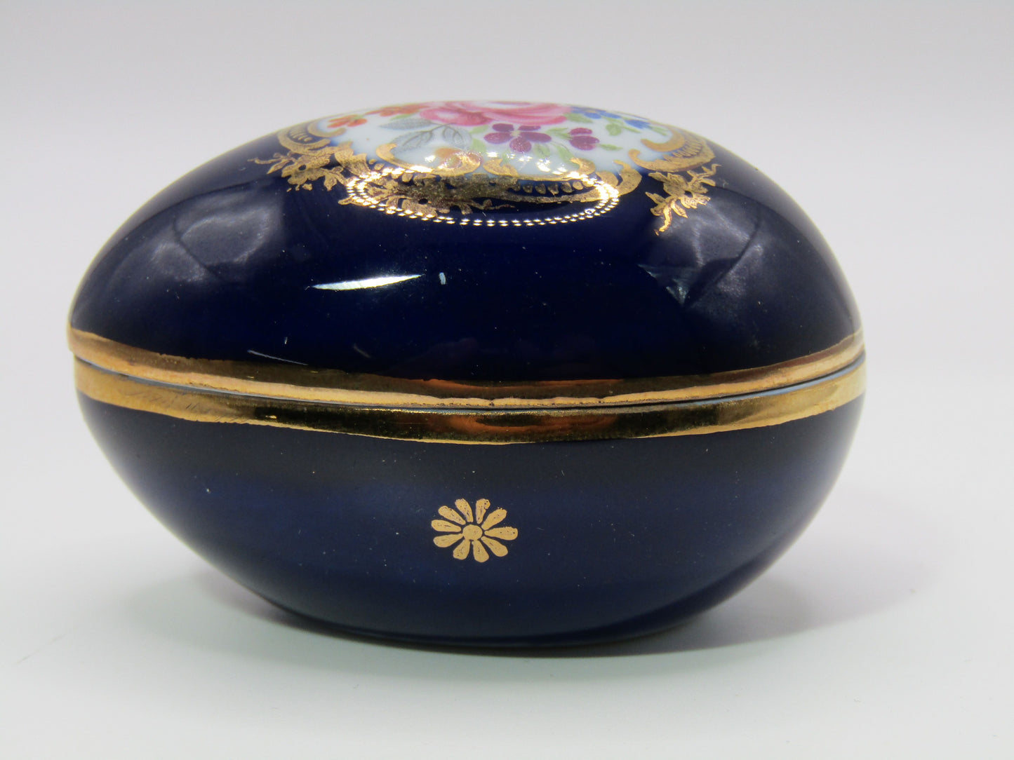 Vntg Limoges Castle Floral Cobalt Blue 24k Gold Wash Trinket Box Made in France